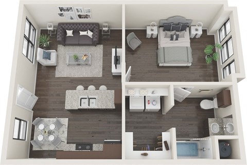Floor plan for 1 bed, 1 bath, 682 sqft